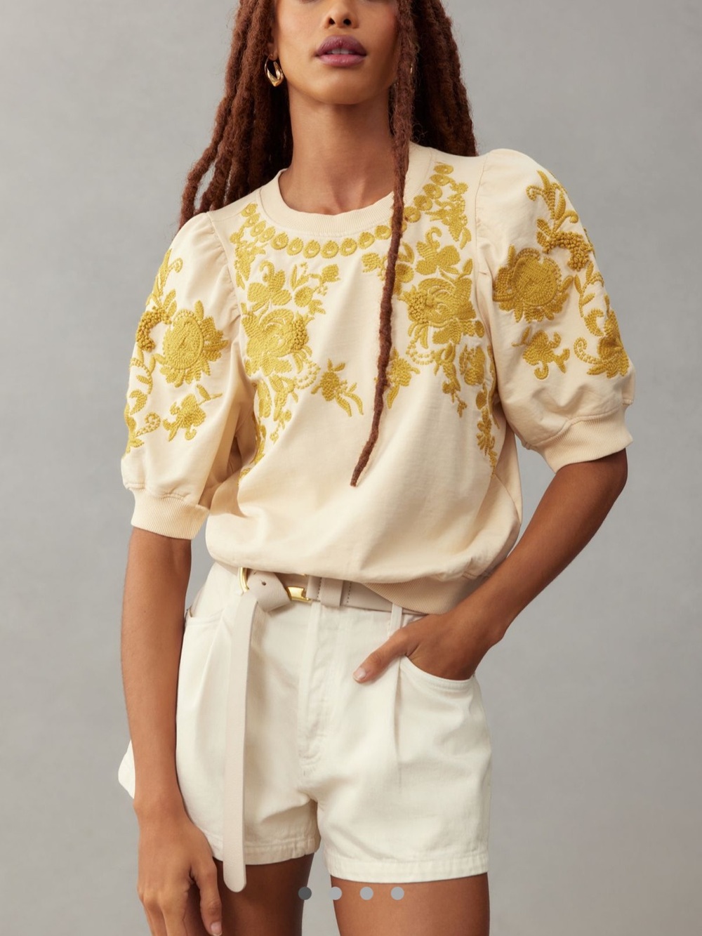 Anthropologie Cream Short-Sleeve Top with Gold Floral Embroidery - Picture 4 of 12